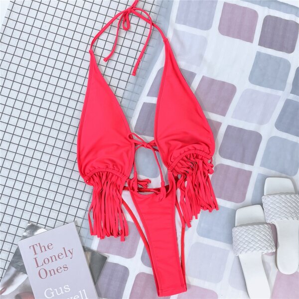 

Fringe Hem Halter Plunging One Piece Swimsuit, Watermelon pink