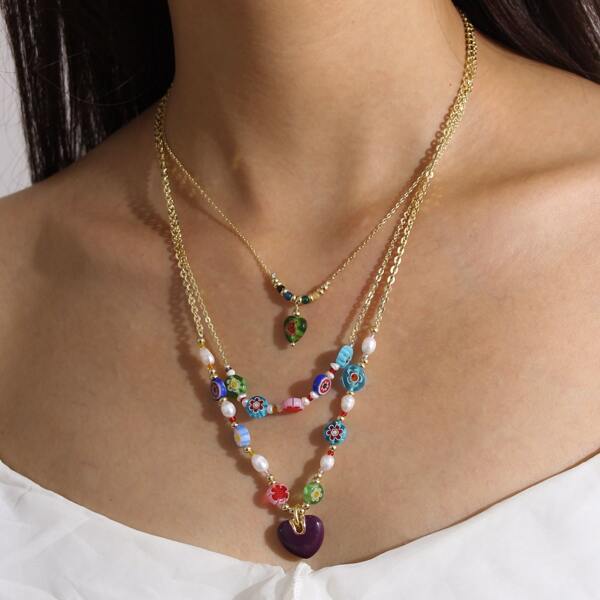 

16K Gold Plated Flower Decor Layered Necklace, Multicolor