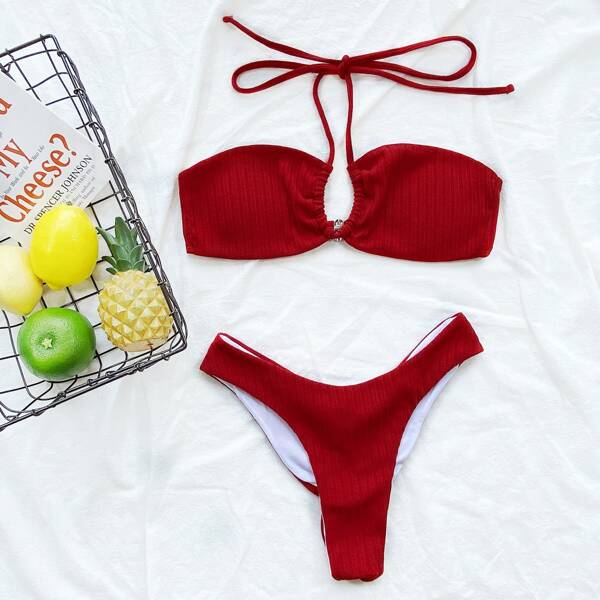 

Ruched Back Halter Bikini Swimsuit, Red