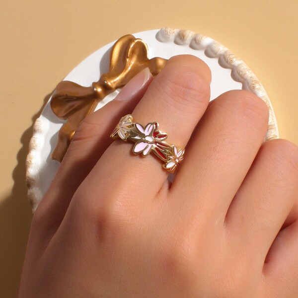 

16K Gold Plated Flower Decor Cuff Ring, Multicolor