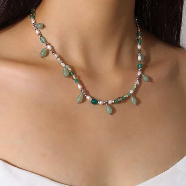 

Faux Pearl Decor Beaded Necklace, Green