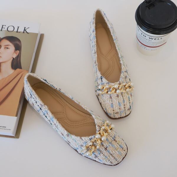 

Chain & Faux Pearl Decor Ballet Flats, Multicolor