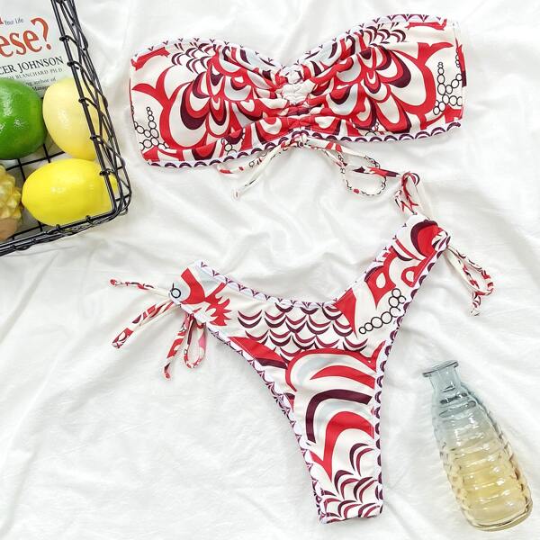 

Graphic Pattern Drawstring Bandeau Bikini Swimsuit, Multicolor