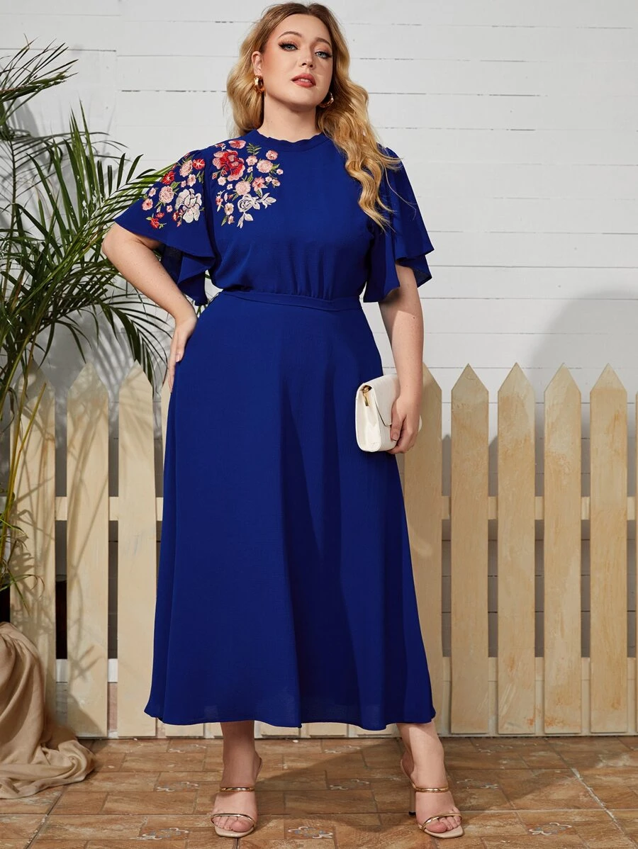 SHEIN Clasi Vestido con cinturón con bordado floral de manga campanuda - Azul Marino - Ver 1