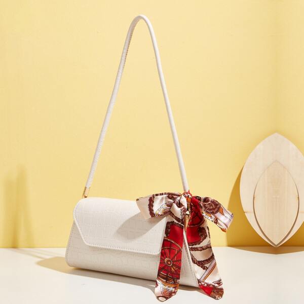 

Twilly Scarf Decor Croc Embossed Flap Square Bag, White