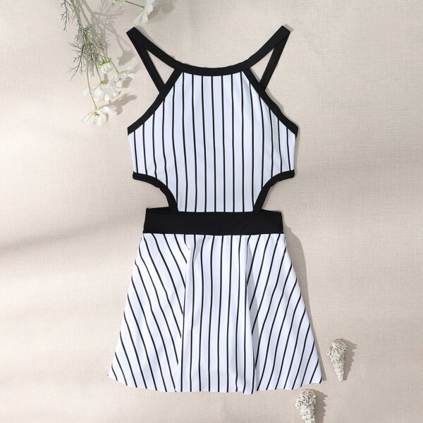 

Striped Contrast Binding Cut-out One Piece Swimsuit, Black and white