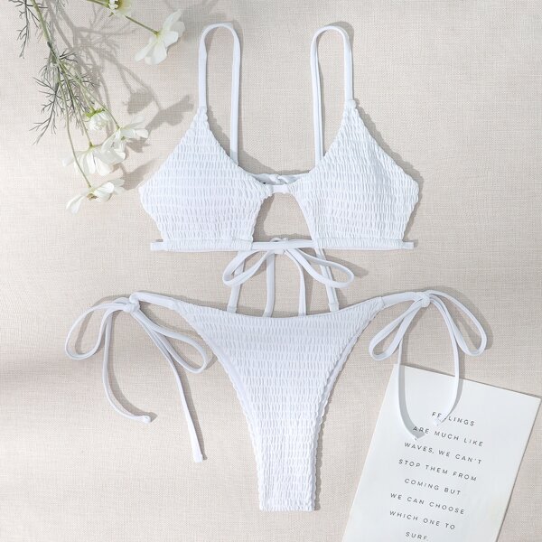 

Smocked Cut-out Tie Side Bikini Swimsuit, White