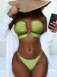 夏季海灘純色掛脖丁字褲比基尼 - 青檸色 - 查看 1