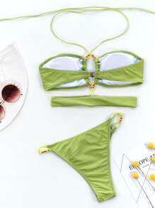 夏季海灘純色掛脖丁字褲比基尼 - 青檸色 - 查看 2