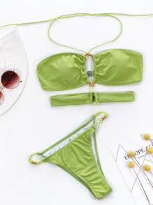 夏季海灘純色掛脖丁字褲比基尼 - 青檸色 - 查看 3