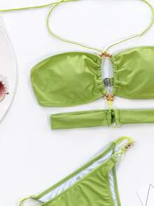 夏季海灘純色掛脖丁字褲比基尼 - 青檸色 - 查看 4