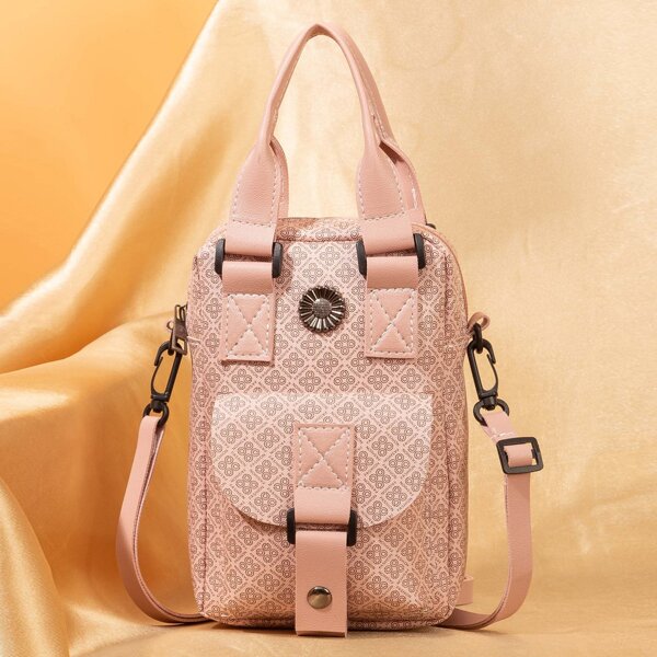 

Metal Floral Appliques Geometric Pattern Satchel Bag, Pink