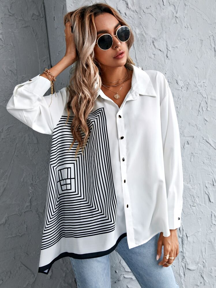 SHEIN Essnce Camisa con botón con estampado geométrico - Blanco - Añade 1