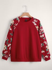 SHEIN LUNE Hơn In hoa Tay Raglan Áo chui đầu - Đỏ - Xem 1