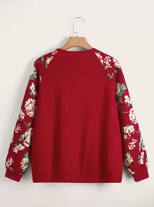 SHEIN LUNE Hơn In hoa Tay Raglan Áo chui đầu - Đỏ - Xem 2