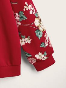 SHEIN LUNE Hơn In hoa Tay Raglan Áo chui đầu - Đỏ - Xem 3