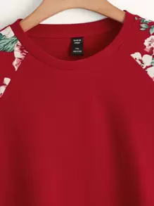 SHEIN LUNE Hơn In hoa Tay Raglan Áo chui đầu - Đỏ - Xem 4