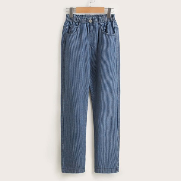 

Girls Striped Elastic Waist Straight Leg Jeans, Blue and white