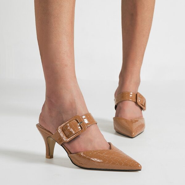 

Minimalist Croc Embossed Buckle Decor Point Toe Mules, Brown