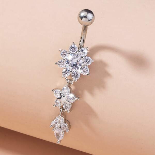 

Zircon Flower Decor Navel Belly Ring, Silver