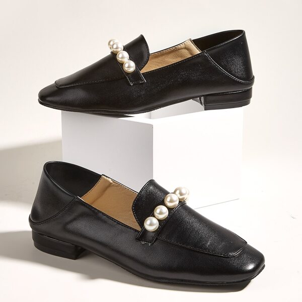 

Minimalist Faux Pearl Decor Flat Loafers, Black