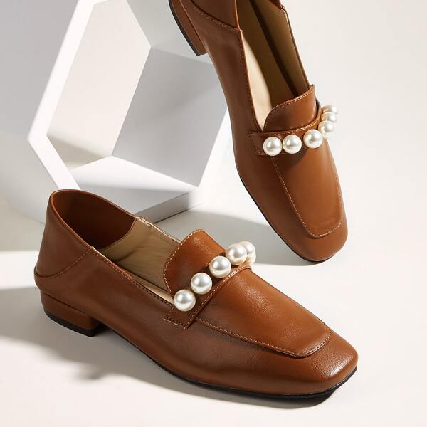 

Minimalist Faux Pearl Decor Flat Loafers, Brown