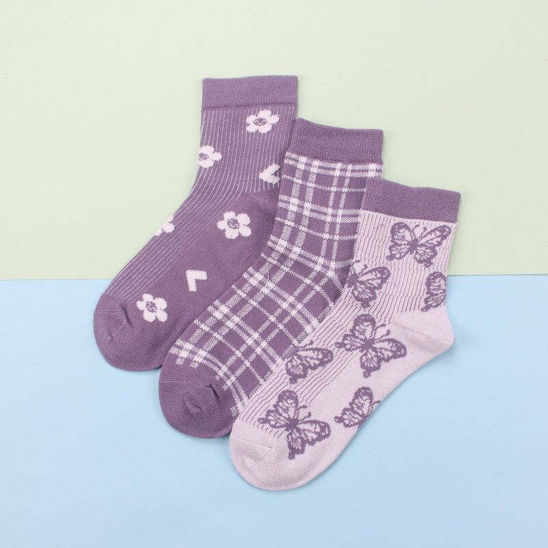 

3pairs Butterfly Pattern Crew Socks, Purple