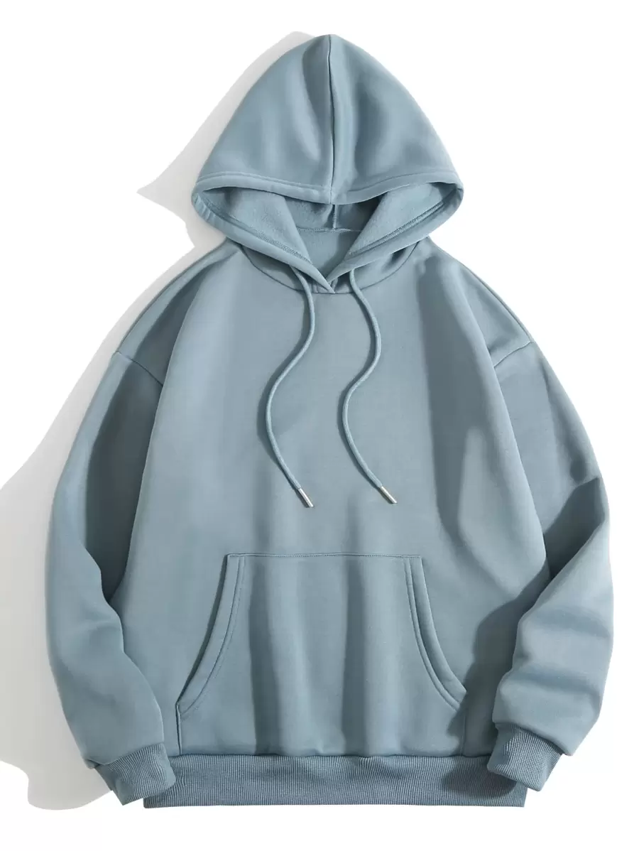 SHEIN EZwear Áo nỉ có mũ Chất rắn Dây rút Túi mặt trước - Màu xanh bụi bặm - Xem 1