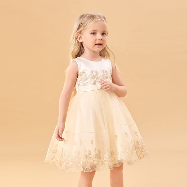 

Toddler Girls Bow Front Embroidery Mesh Party Dress, Champagne