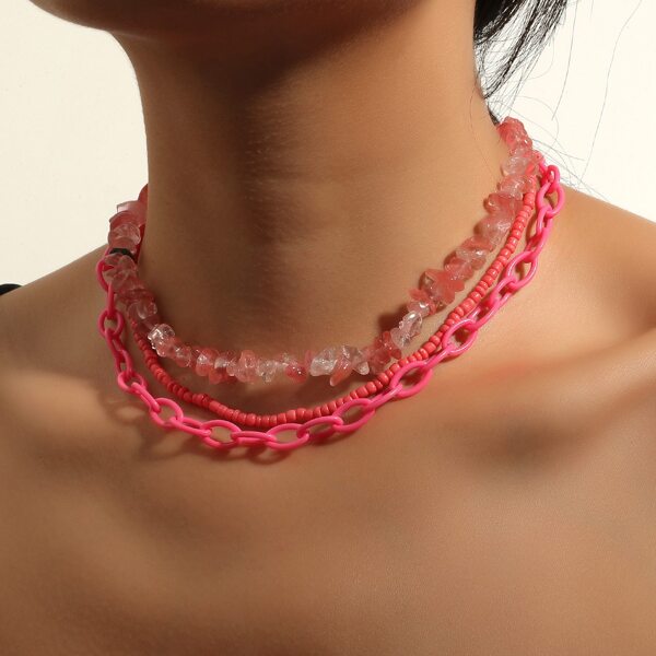 

3pcs Stone Beaded Necklace, Multicolor