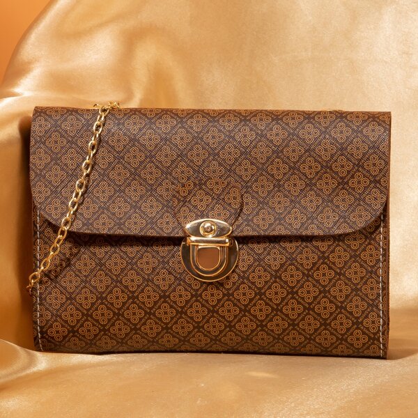 

Push Button All Over Print Flap Square Bag, Coffee brown
