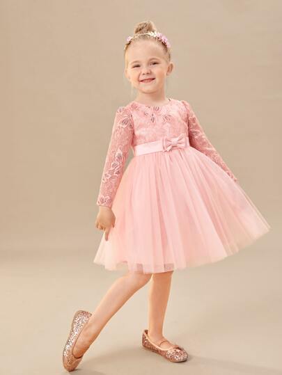 SHEIN Toddler Girls Lace Panel Bow Front Mesh Party Dress