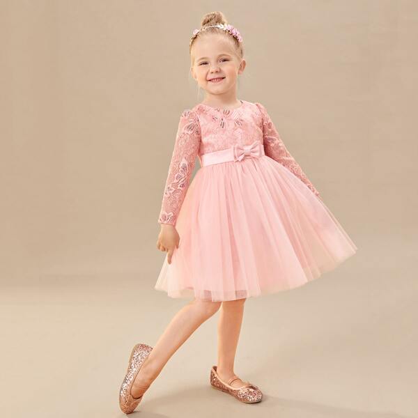 

Toddler Girls Lace Panel Bow Front Mesh Party Dress, Baby pink
