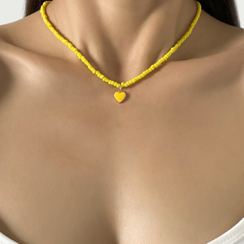 

Heart Pendant Beaded Necklace, Yellow