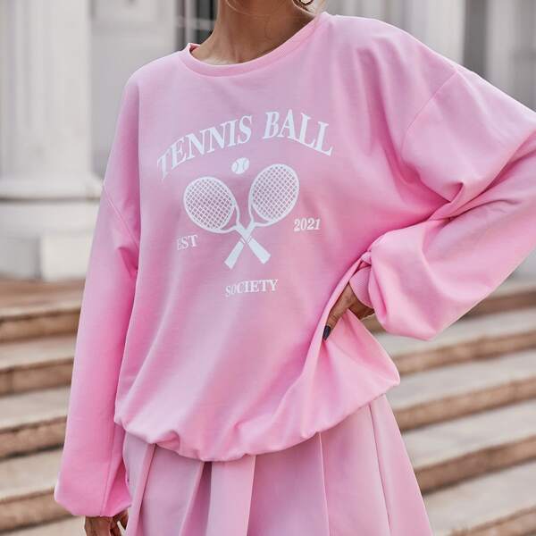 

Tennis And Letter Graphic Drop Shoulder Pullover, Baby pink