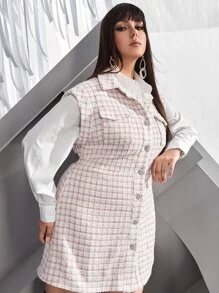 SHEIN Unity 大碼前紐扣格紋粗花呢不帶襯衫洋裝 - 淺粉色 - 查看 5