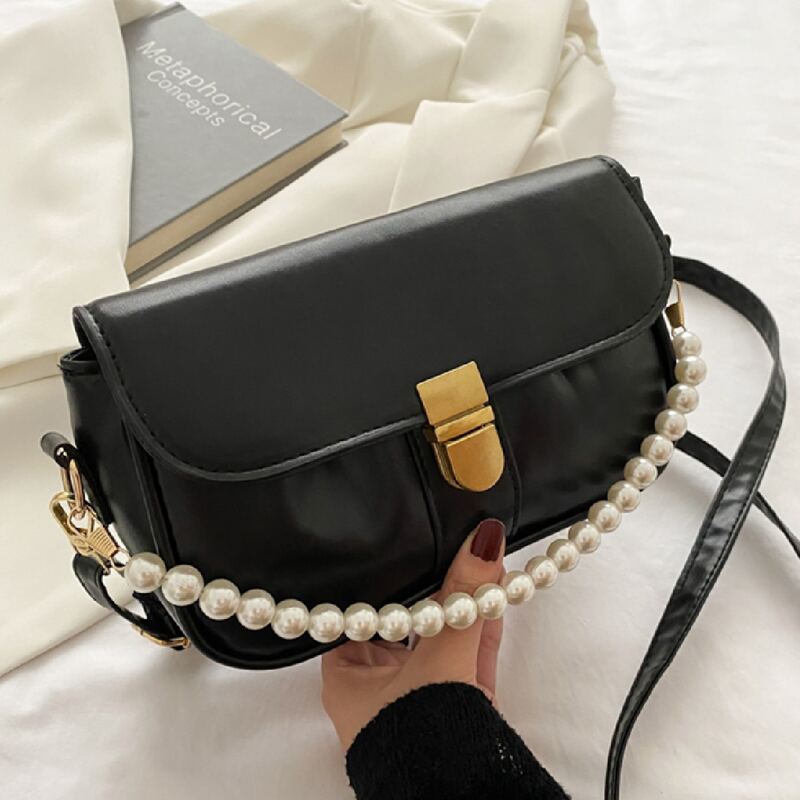

Faux Pearl Decor Push Lock Crossbody Bag, Black