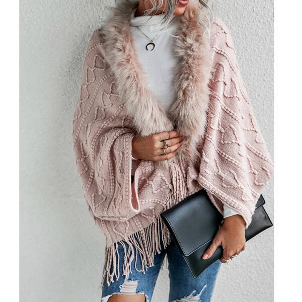 

Fuzzy Trim Textured Knit Cardigan, Baby pink