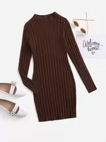 SHEIN 女孩小高領條紋針織連衣裙