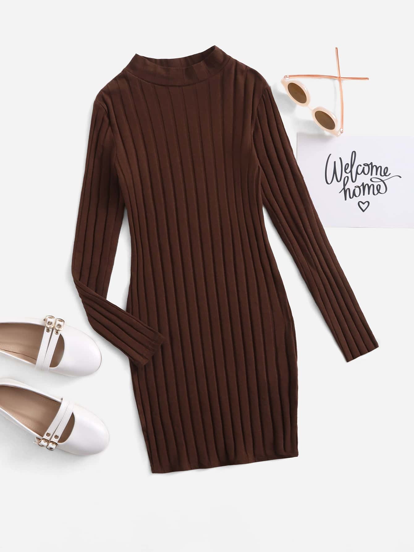 SHEIN 女孩小高領條紋針織連衣裙