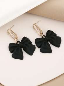 Rhinestone Decor Bow Charm Drop Earrings - Black - View 2