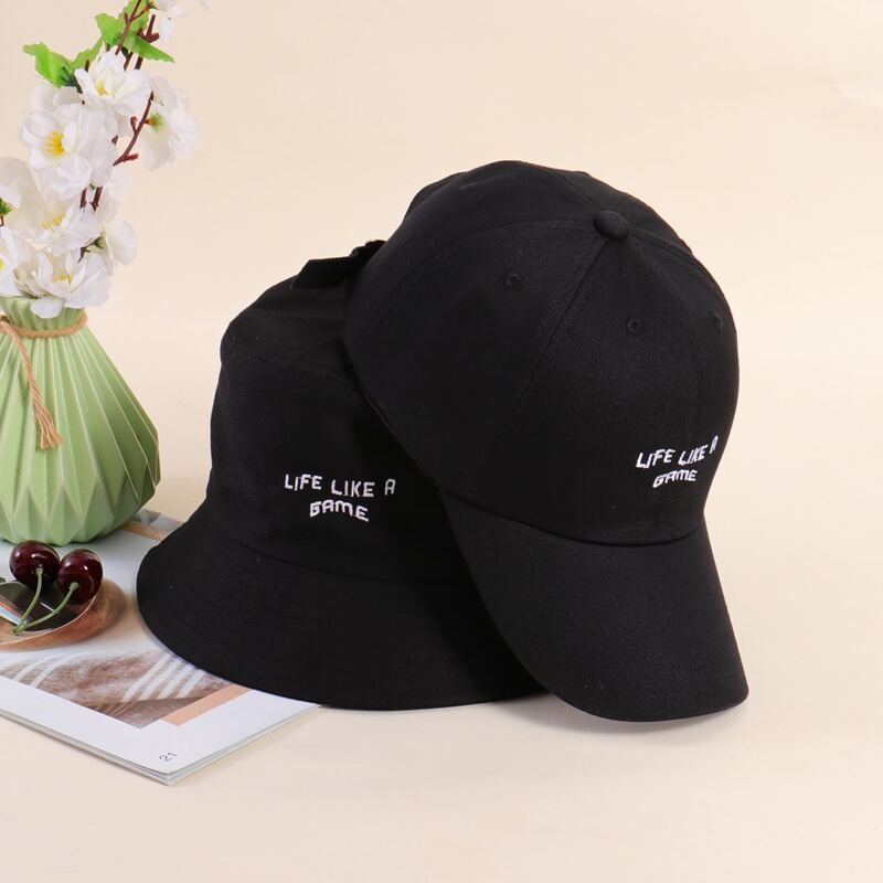 

Slogan Graphic Embroidery Bucket Hat & Baseball Cap, Black
