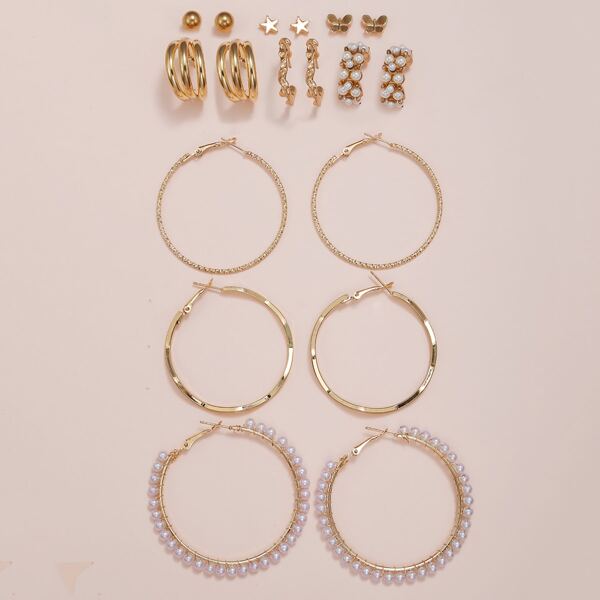 

9pairs Faux Pearl Decor Earrings, Gold