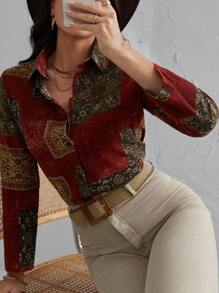 Mulvari Camisa de mujer de manga larga con estampado floral, cuello vuelto y botones delanteros, de moda - Multicolor - Ver 2