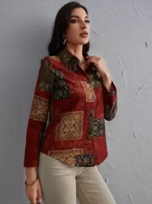 Mulvari Camisa de mujer de manga larga con estampado floral, cuello vuelto y botones delanteros, de moda - Multicolor - Ver 5