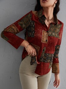 Mulvari Camisa de mujer de manga larga con estampado floral, cuello vuelto y botones delanteros, de moda - Multicolor - Ver 6