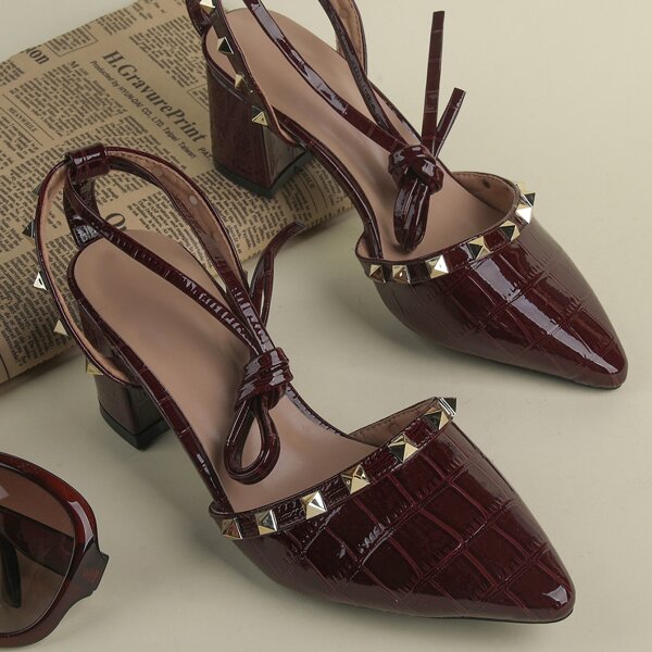 

Croc Embossed Spiked Decor Chunky Slingback Pumps, Burgundy