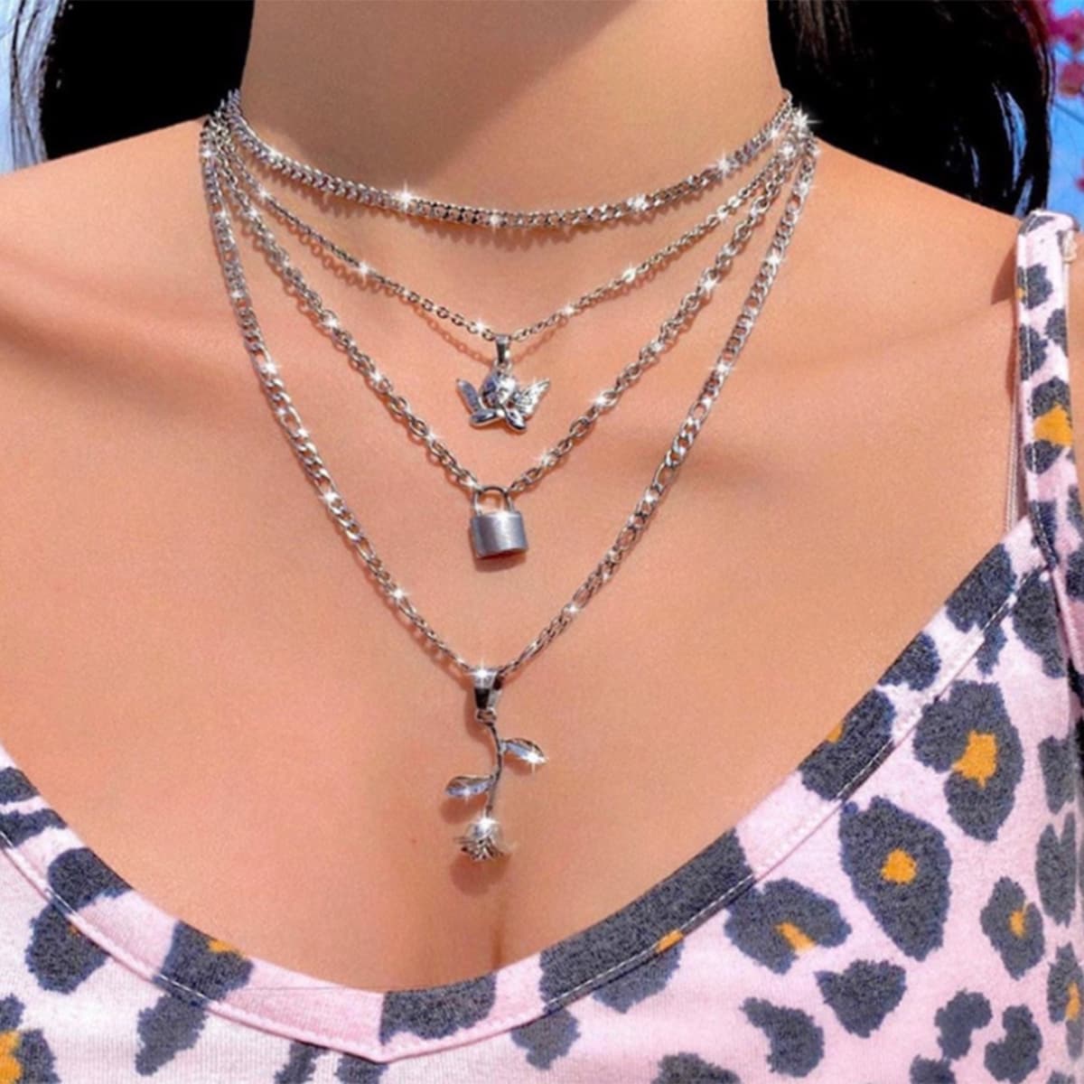 

Rose Decor Layered Chain Necklace, Silver