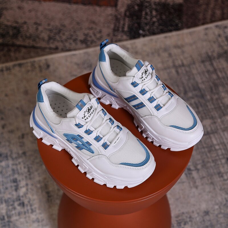 

Lace Up Front Mesh Panel Sneakers, Blue and white