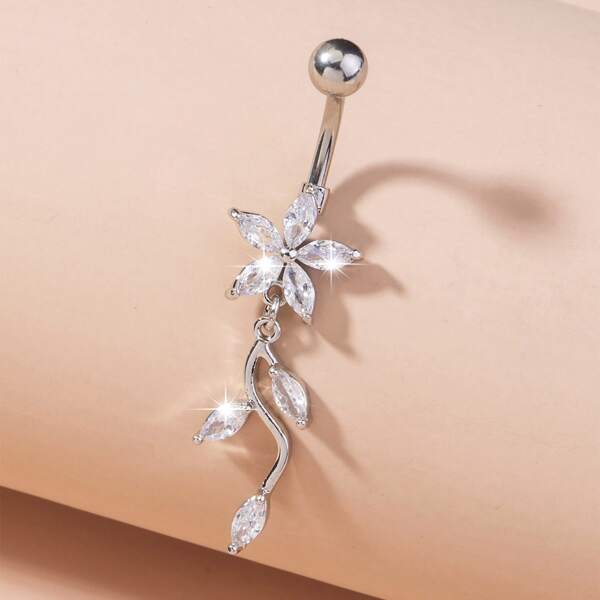 

Zircon Flower Decor Navel Belly Ring, Silver